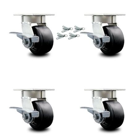 Service Caster 4 Inch Kingpinless Polyolefin Wheel Swivel Caster Set with Brake and Swivel Lock SCC-KP30S420-POR-SLB-BSL-4